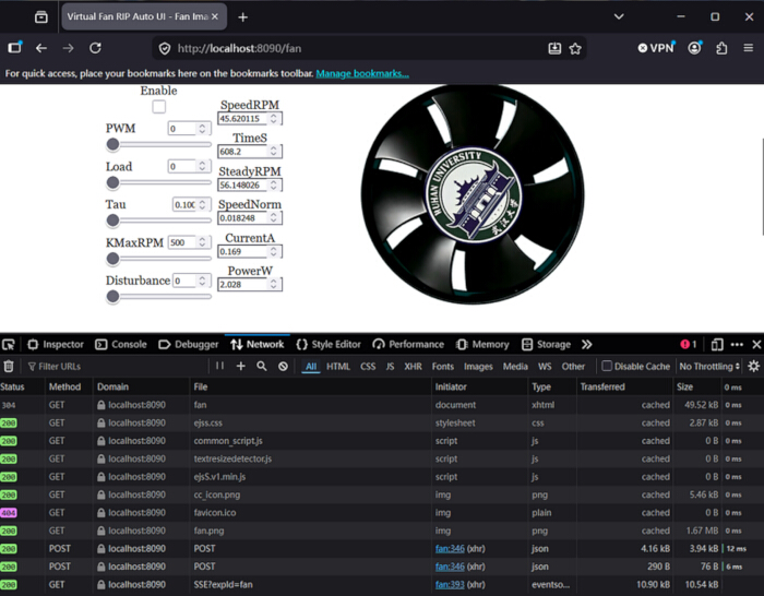 Virtual fan control UI with speed and power parameters, showing network activity; dashboard diagram.