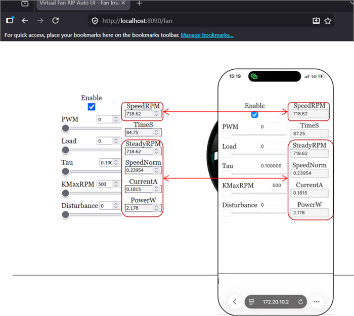Fan control interface; data synchronization diagram with SpeedRPM, CurrentA settings on web and mobile UI.