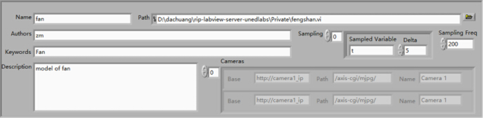 LabVIEW configuration interface showing fan model setup and camera paths for data sampling.
