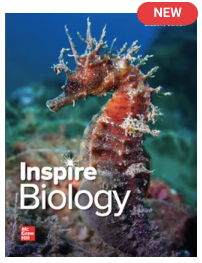 Inspire Biology textbook cover by McGraw Hill featuring a seahorse underwater