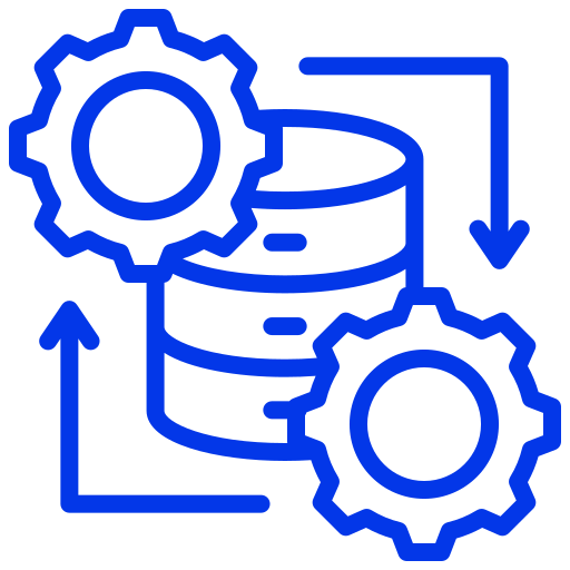 Blue data processing icon with database, gears, and cycle arrows