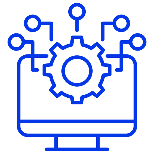 Blue system integration icon with a gear and connected nodes on a monitor