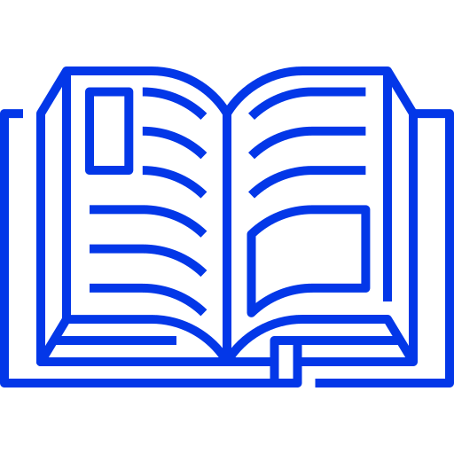 Blue icon of an open textbook representing reading and study materials